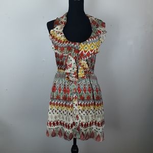 Hot & Delicious A-Line Halter Mini Dress Multicolored Geometric Button Front